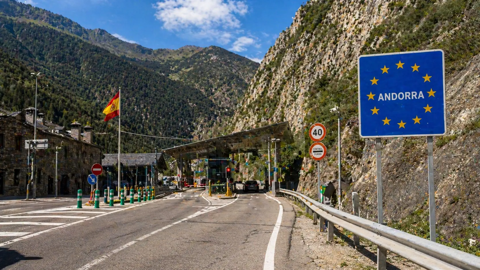 Andorra border checkpoint between Spain and Andorra with road and customs control area