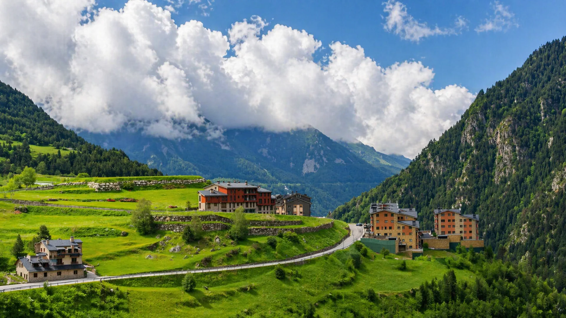Green mountain landscape in Andorra with village houses in the Pyrenees during summer