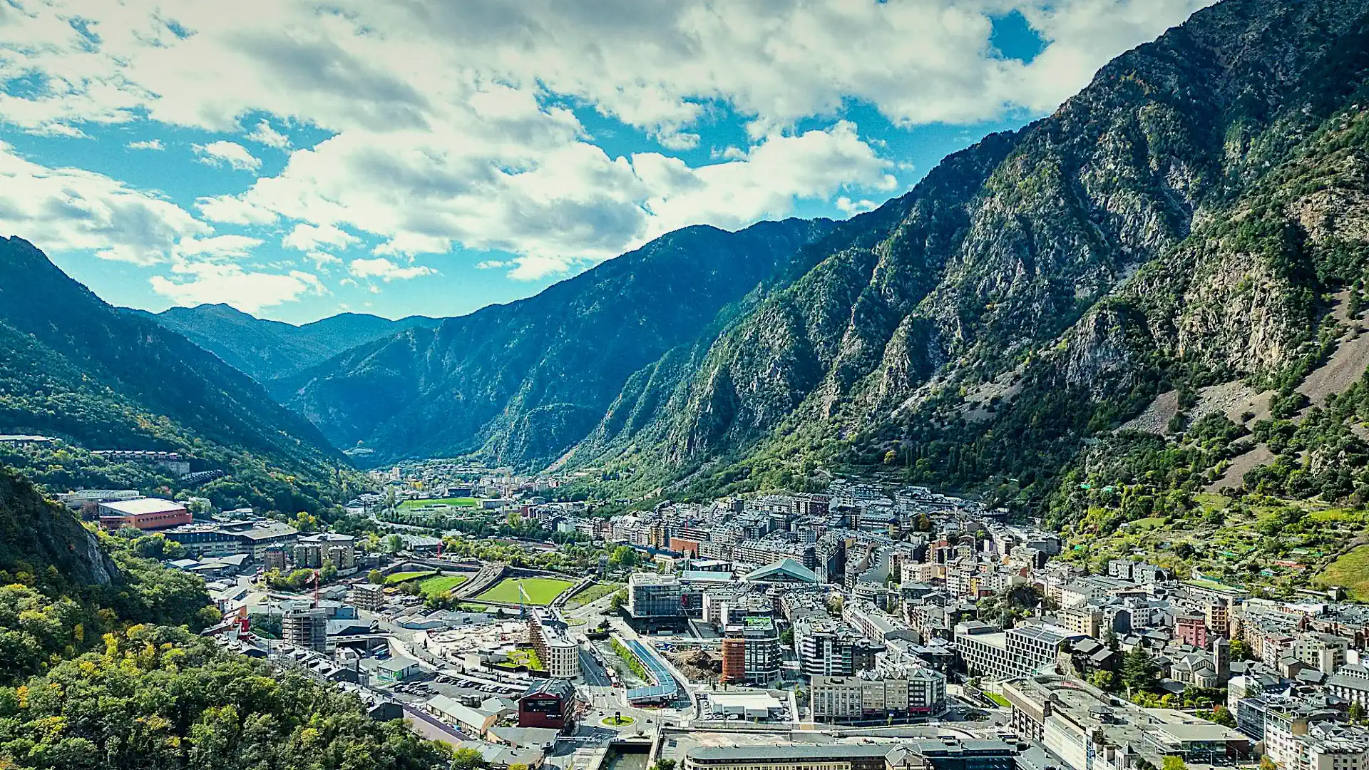 Panoramic view of Andorra la Vella valley surrounded by Pyrenees mountains