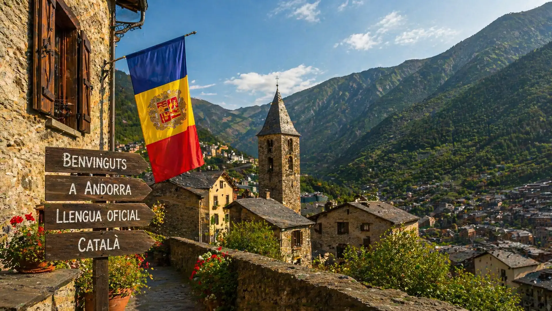 Traditional Andorran village with Catalan signage and national flag in the Pyrenees mountains