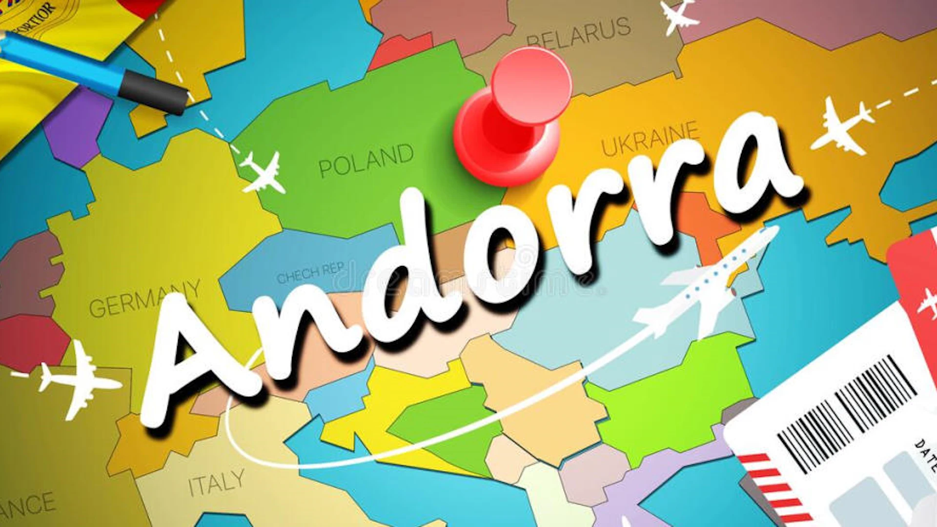 Map showing route from Barcelona to Andorra with travel path and transport concept