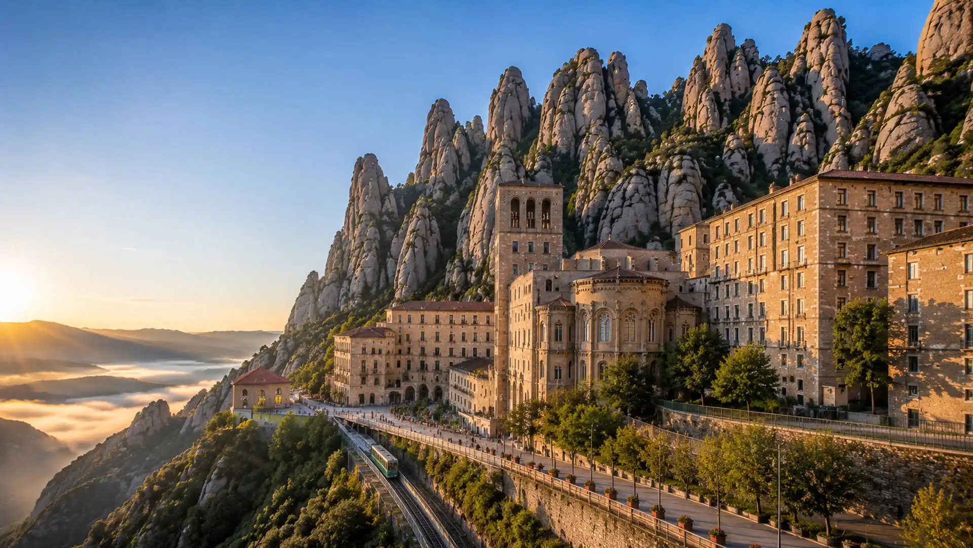 Morning arrival at Montserrat monastery with mountain landscape
