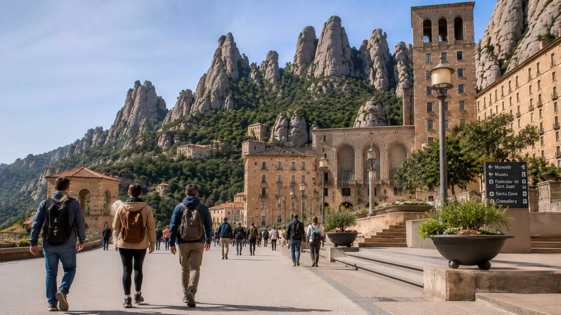 Visitors walking near Montserrat monastery with mountain scenery