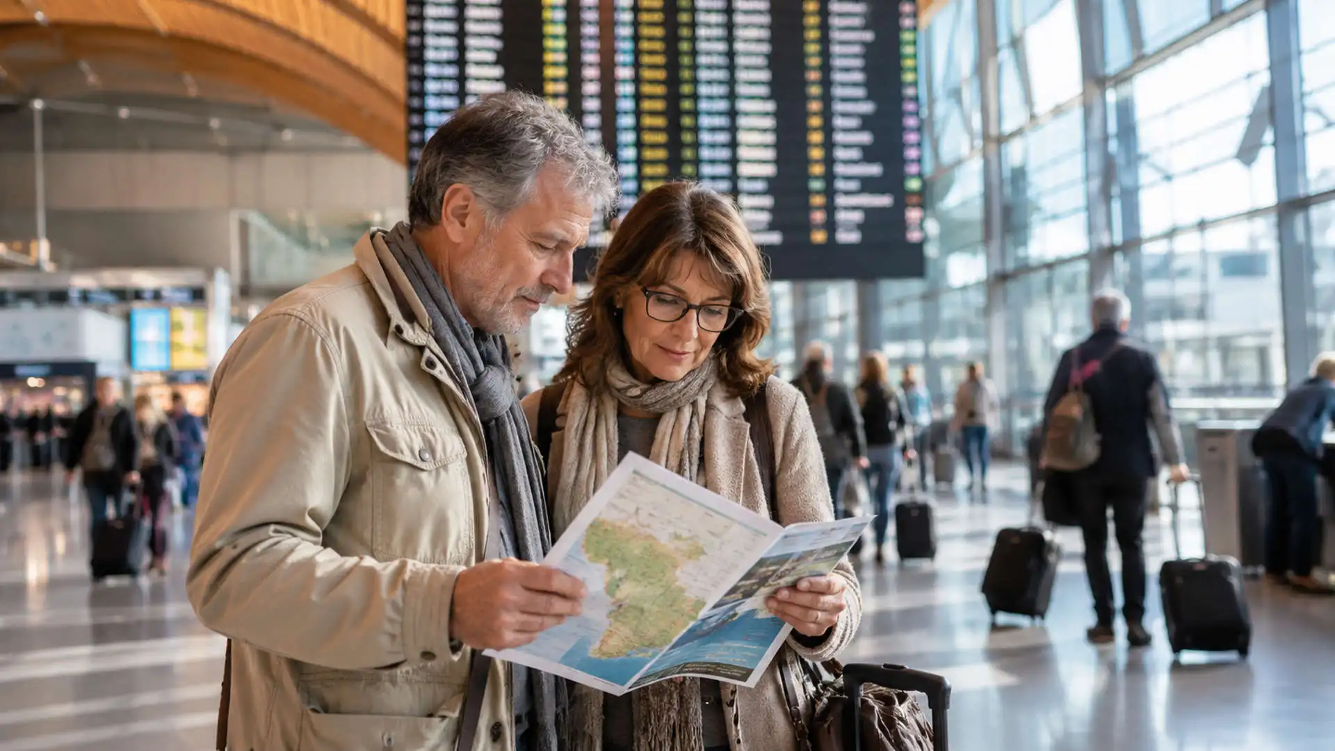 Travelers planning a journey through northern Spain at an airport terminal