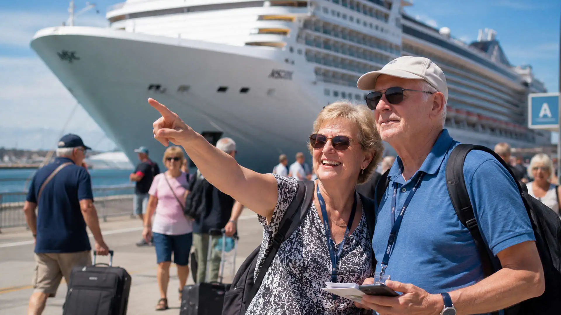 Cruise passengers leaving a ship in Barcelona after disembarkation