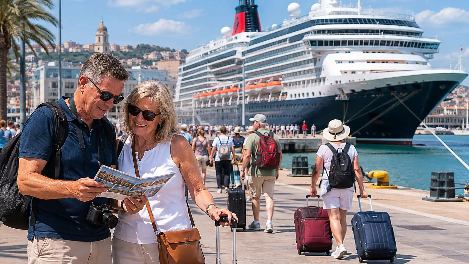 Cruise ship docked at Barcelona cruise terminal with passengers arriving in the city