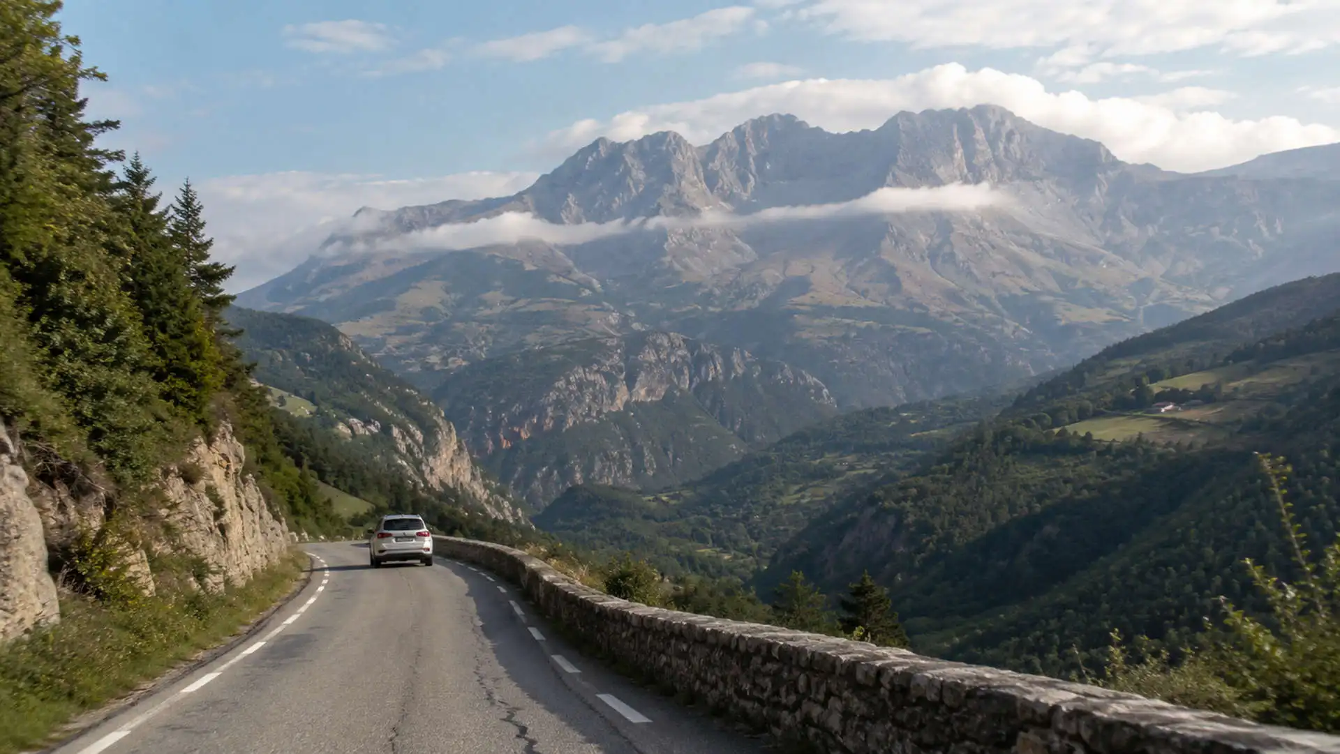 France–Spain border crossing road through the Pyrenees Mountains