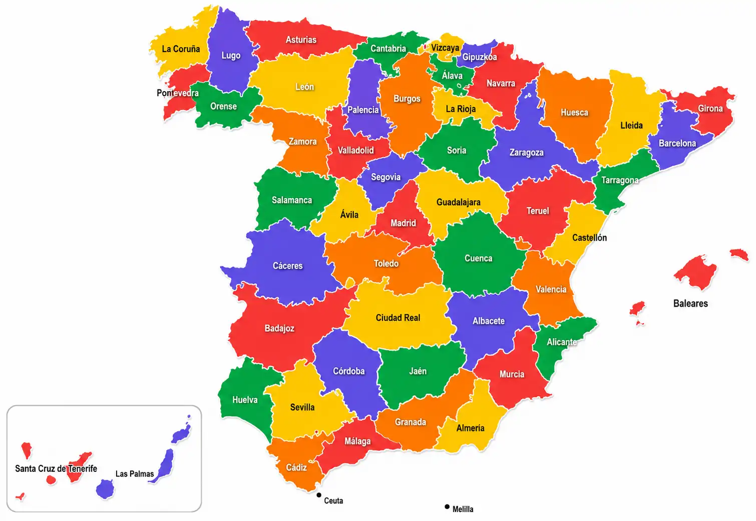 Color-coded map of Spain showing provinces across mainland Spain, the Balearic Islands, and the Canary Islands