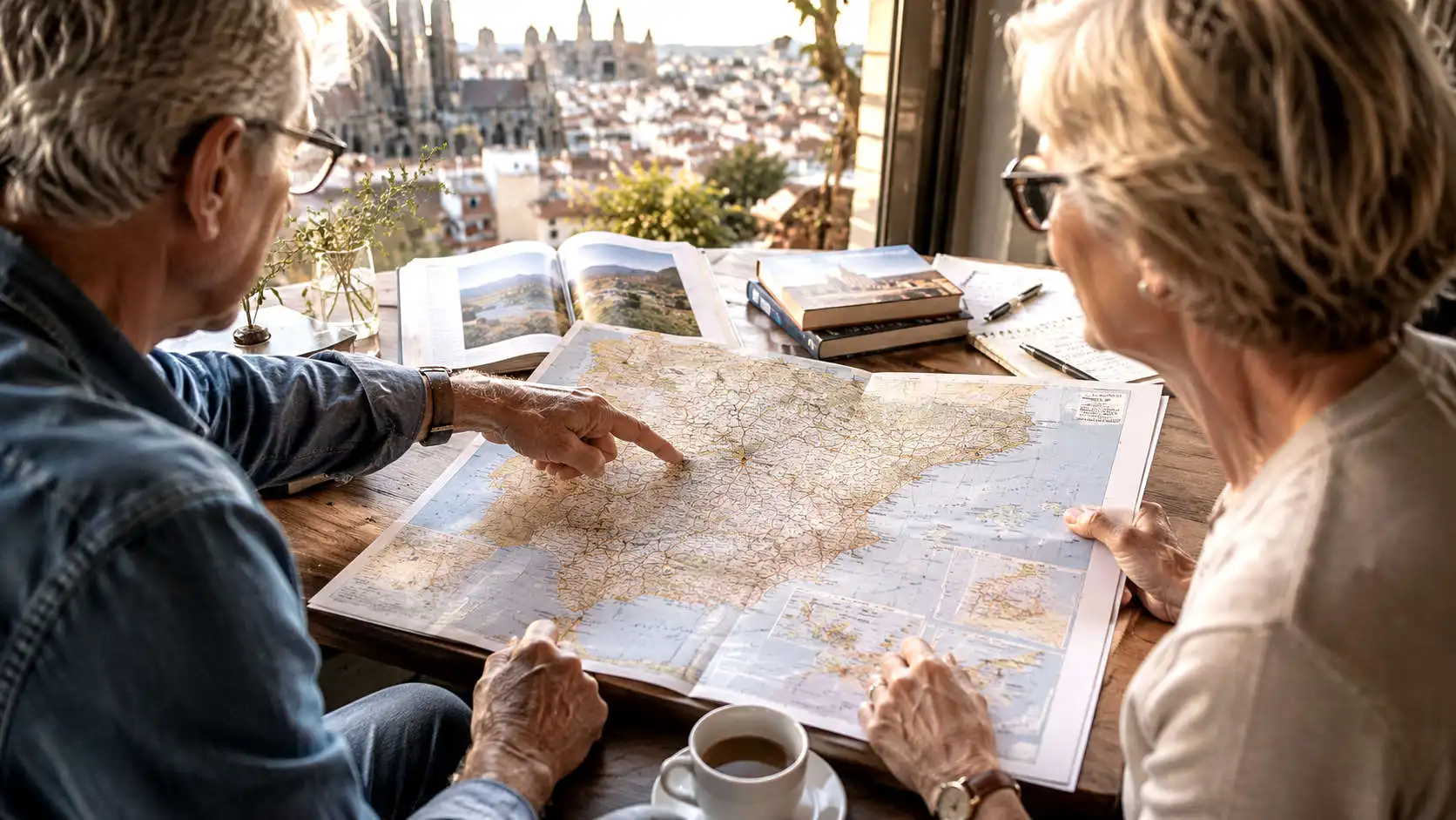 Travelers planning a journey through Spain using a regional map showing provinces and autonomous communities