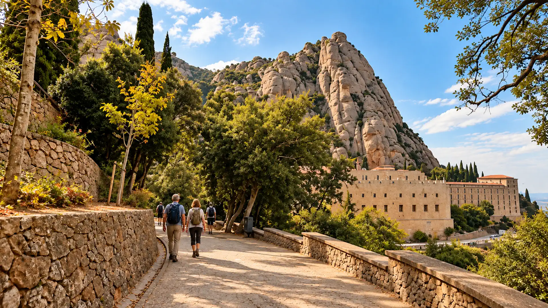 Pilgrims walking toward Montserrat Monastery in Catalonia